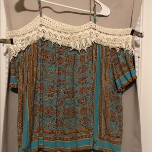 Kori Teal and Brown Lace Off-Shoulder Blouse
